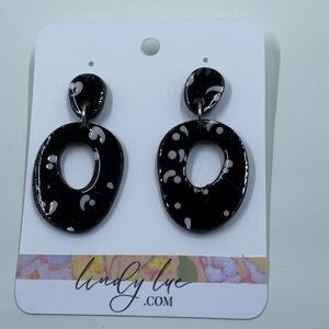 Hand Crafted Black and White Pattern  Dangle Hoops 60's Style Earrings